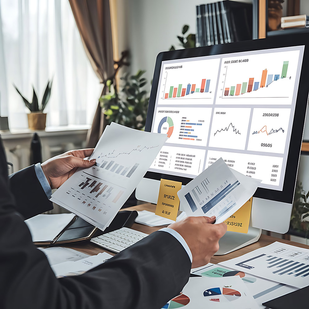 Man looking at charts on a laptop